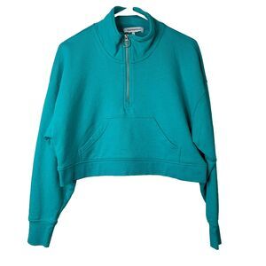 We Wore What Womens Sweatshirt Cropped Half Zip Terry Green Small
